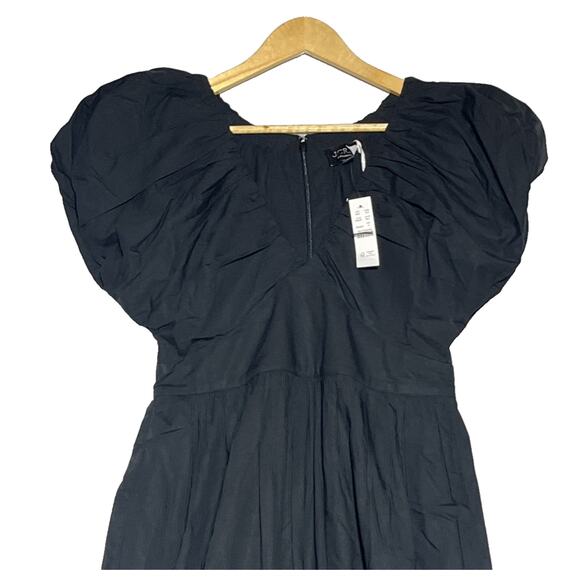 J Crew Collection Cecily Dress in Cotton Poplin 6 Black Puff Sleeve V Neck Midi - Picture 3 of 9